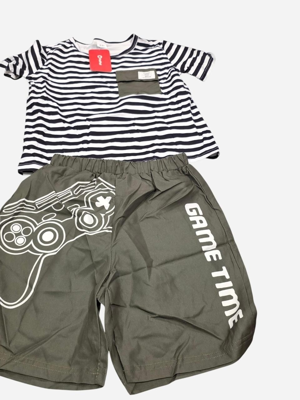 PatPat Boys Navy & Olive Green Striped Tee and 'Game Time' Shorts Set